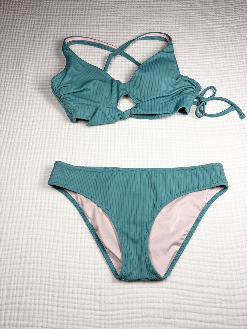 2 pc teal bikini set front knot padded bralette ribbed NWOT Sz S